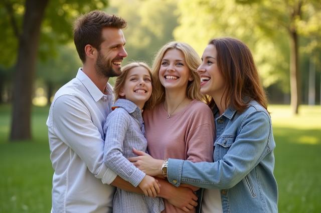 Potret keluarga di taman, ceria dan penuh kasih